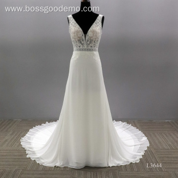 Modern Watteau Train Lace V Neck Illusion Backless Sleeveless Custom Wedding Dress Bride